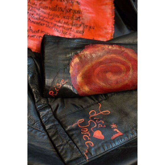 Vintage hand painted leather coat; fire, phoenix, red, gift for her sz L - Picture 8 of 12